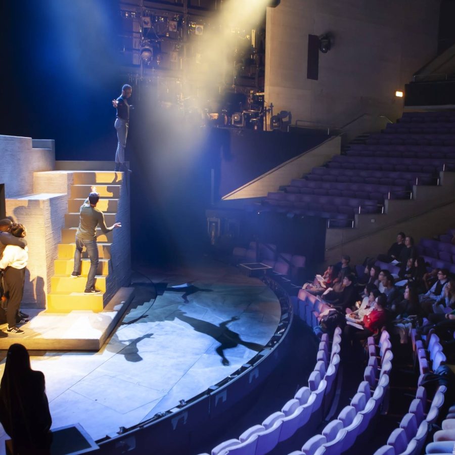 Actors talking about a scene from 'Antony and Cleopatra' on the Olivier stage in front of students in the stalls, for the 2019 Student Conference