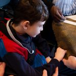 Young person touching costume chainmail during The Witches schools touch tour