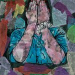 A mixed-media artwork of a person covering their hands with their face against a backdrop of multi-coloured papers