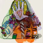 An abstract mixed-media artwork of a person holding a hand in front of their face with a heart on their palm, the words Speak Up are across their arm and shoulder