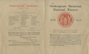 A flyer from 1916, detailing the aims and ambitions to found the Shakespeare Memorial National Theatre