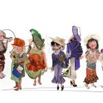 A collage featuring a line of ladies all dressed in multicoloured dresses and hats, ready for the races