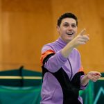 Curtis Callier, wearing a mauve, black and orange zip up track top, rehearsing Hamlet for younger audiences.