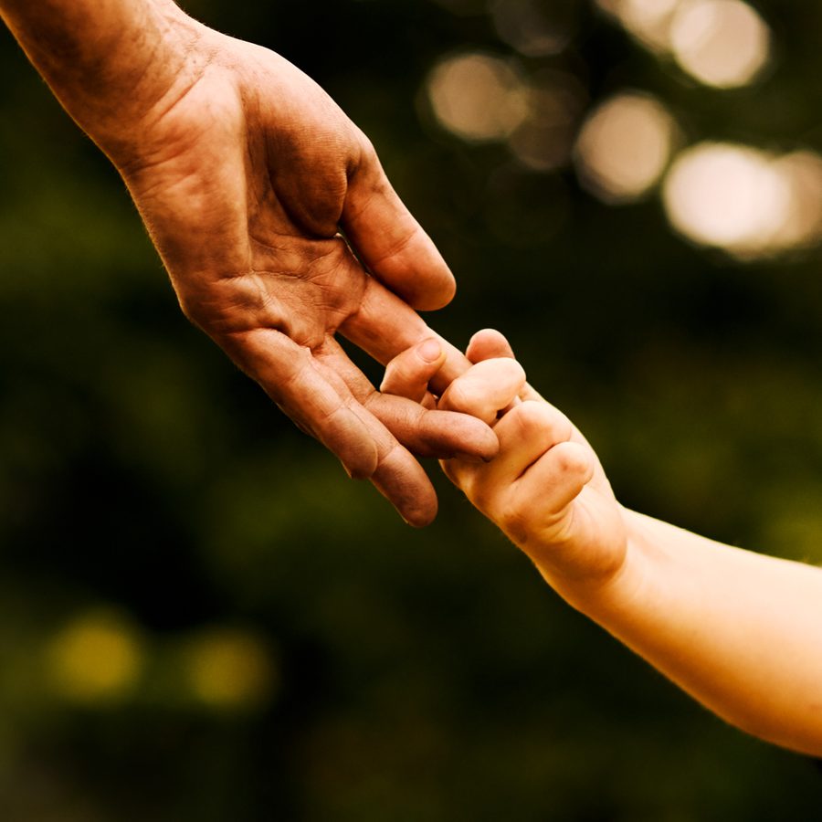 An adult hand clasping a younger hand and the title 'The Doncastrian Chalk Circle' in white lettering underneath.