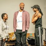 Rebecca Bernice Amissah, Momar Diagne and Jean-Luke Worrell, sharing a laugh, in rehearsals for A Strange Loop.