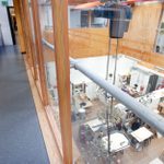 A shot of the Sherling High Level walkway backstage at the National Theatre, a balcony overlooking the set and prop-making departments