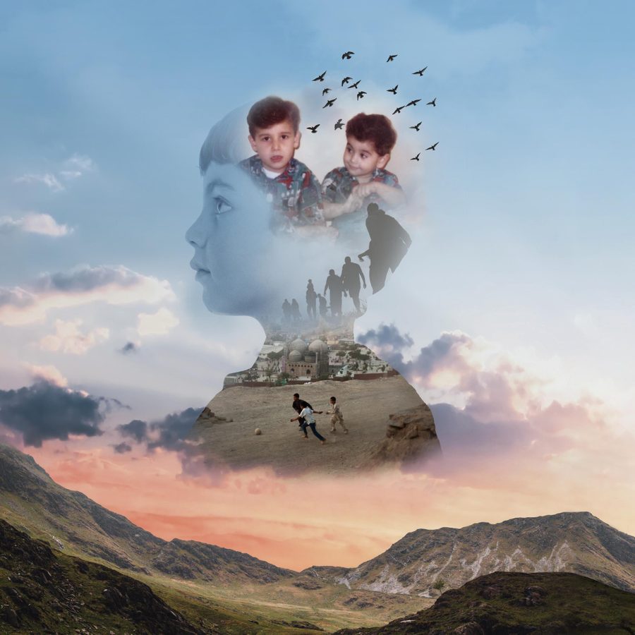 The Boy with Two Hearts poster image photomontage of two young boys, birds flying in the sky, people walking in single file and a mosque and buildings