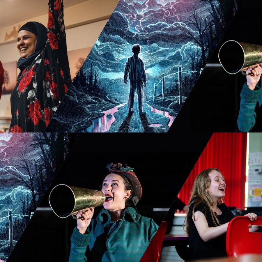 Photo montage of a participant in a community play, artwork for The Ocean at the End of the Lane, a schools touring prlay and a young student in a classroom